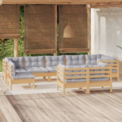 9 Pcs conjunto lounge de jardim + almofadões cinza pinho maciço