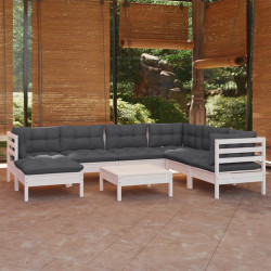 8 Pcs conj. lounge de jardim c/ almofadões pinho maciço branco