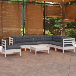 8 Pcs conj. lounge de jardim c/ almofadões pinho maciço branco