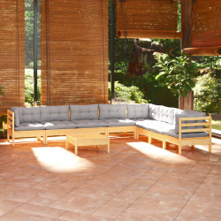 9 Pcs conjunto lounge de jardim + almofadões cinza pinho maciço