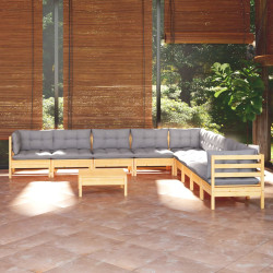 10Pcs conjunto lounge de jardim + almofadões cinza pinho maciço