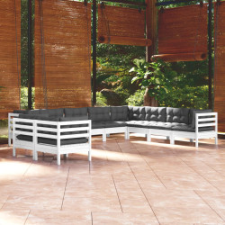 10 Pcs conj. lounge de jardim c/ almofadões pinho maciço branco