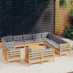 13Pcs conjunto lounge de jardim + almofadões cinza pinho maciço