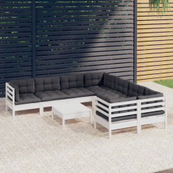 9 Pcs conjunto lounge de jardim c/ almofadões pinho branco