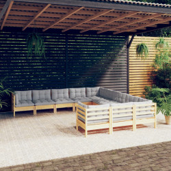 11 Pcs conjunto lounge de jardim c/ almofadões cinza pinho