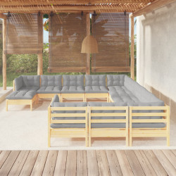 12 Pcs conjunto lounge de jardim c/ almofadões cinza pinho