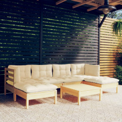7 Pcs conjunto lounge de jardim c/ almofadões cor creme pinho