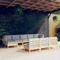 10 Pcs conjunto lounge de jardim c/ almofadões cinzentos pinho