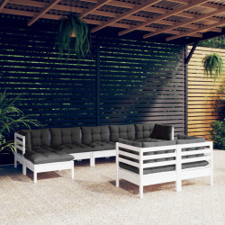 9 Pcs conj. lounge de jardim c/ almofadões pinho maciço branco