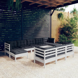 10 Pcs conj. lounge de jardim c/ almofadões pinho maciço branco