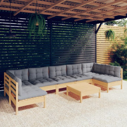 8 Pcs conjunto lounge de jardim + almofadões cinza pinho maciço