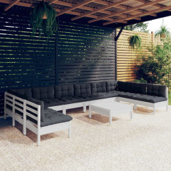 11 Pcs conj. lounge de jardim c/ almofadões pinho maciço branco