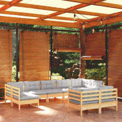 9 Pcs conjunto lounge de jardim + almofadões cinza pinho maciço