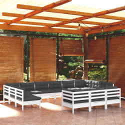 13 Pcs conjunto lounge de jardim c/ almofadões pinho branco