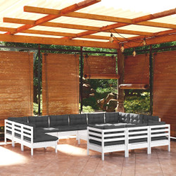 14 Pcs conjunto lounge de jardim c/ almofadões pinho branco
