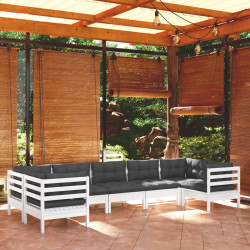 7 Pcs conjunto lounge de jardim c/ almofadões pinho branco