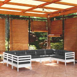 9 Pcs conjunto lounge de jardim c/ almofadões pinho branco