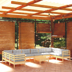 11 Pcs conjunto lounge de jardim c/ almofadões cinzentos pinho