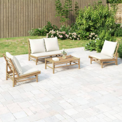 4 Pcs conjunto lounge de jardim bambu c/ almofadões branco nata