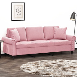 Sofá 3 lugares c/ almofadas decorativas 180 cm veludo rosa