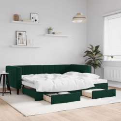 Sofá-cama c/ gavetão e gavetas 90x200 cm veludo verde-escuro