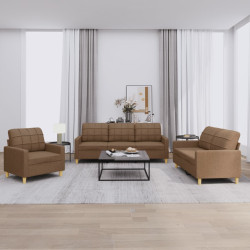 3 Pcs conjunto de sofás com almofadões tecido castanho