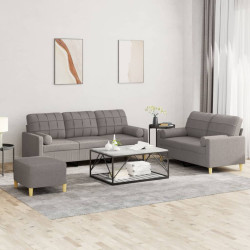 3 Pcs conjunto de sofás com almofadas tecido cinza-acastanhado