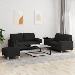3 Pcs conjunto de sofás com almofadas tecido preto