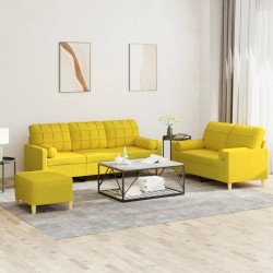 3 Pcs conjunto de sofás com almofadas tecido amarelo-claro