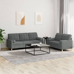 2 Pcs conjunto de sofás com almofadas tecido cinzento-escuro