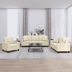 3 Pcs conjunto de sofás com almofadas couro artificial creme