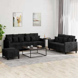 3 Pcs conjunto de sofás com almofadões veludo preto