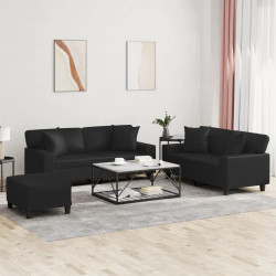 3 Pcs conjunto de sofás com almofadas couro artificial preto