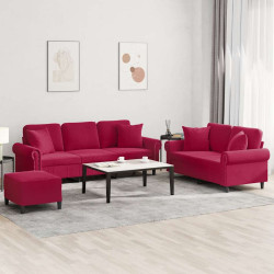 3 Pcs conjunto de sofás com almofadas veludo vermelho-tinto
