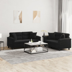 2 Pcs conjunto sofás c/ almofadas tecido de microfibra preto