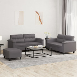 3 Pcs conjunto de sofás c/ almofadões couro artificial cinzento