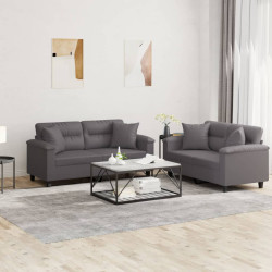 2 Pcs conjunto de sofás com almofadas couro artificial cinzento