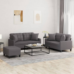 3 Pcs conjunto de sofás com almofadas couro artificial cinzento