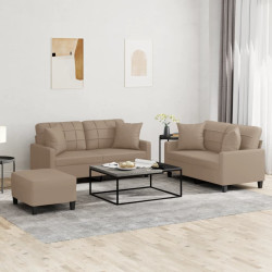 3 Pcs conjunto sofás c/ almofadas couro artificial cappuccino