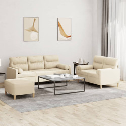 3 Pcs conjunto de sofás com almofadas tecido cor creme
