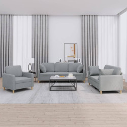 3 Pcs conjunto de sofás com almofadas tecido cinzento-claro