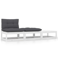 3 Pcs conjunto lounge jardim c/ almofadões pinho maciço branco