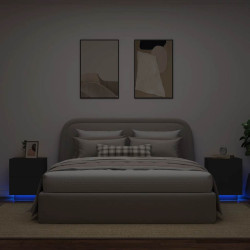Mesas de cabeceira c/ luzes LED 2 pcs derivados madeira preto
