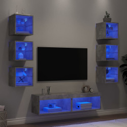 8 Pcs móveis parede p/ TV c/ leds deriv. madeira cinza cimento