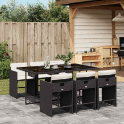 7 Pcs conjunto de jantar p/ jardim c/ almofadões vime PE preto