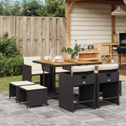 9 Pcs conjunto de jantar p/ jardim c/ almofadões vime PE preto