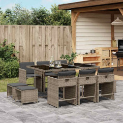 11 Pcs conjunto jantar p/ jardim c/ almofadões vime PE cinzento