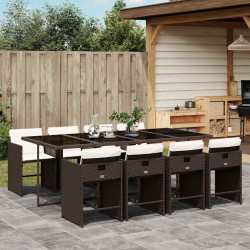 9 Pcs conjunto jantar p/ jardim c/ almofadões vime PE castanho