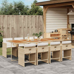 9 Pcs conjunto de jantar p/ jardim com almofadões vime PE bege