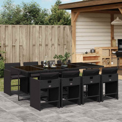 9 Pcs conjunto de jantar p/ jardim c/ almofadões vime PE preto